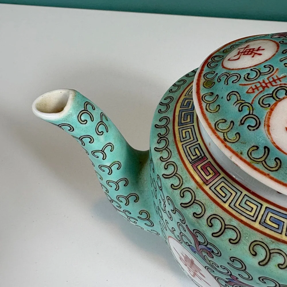 Jingdezhen Porcelain Teapot Turquoise‎ Floral Asian China Decor